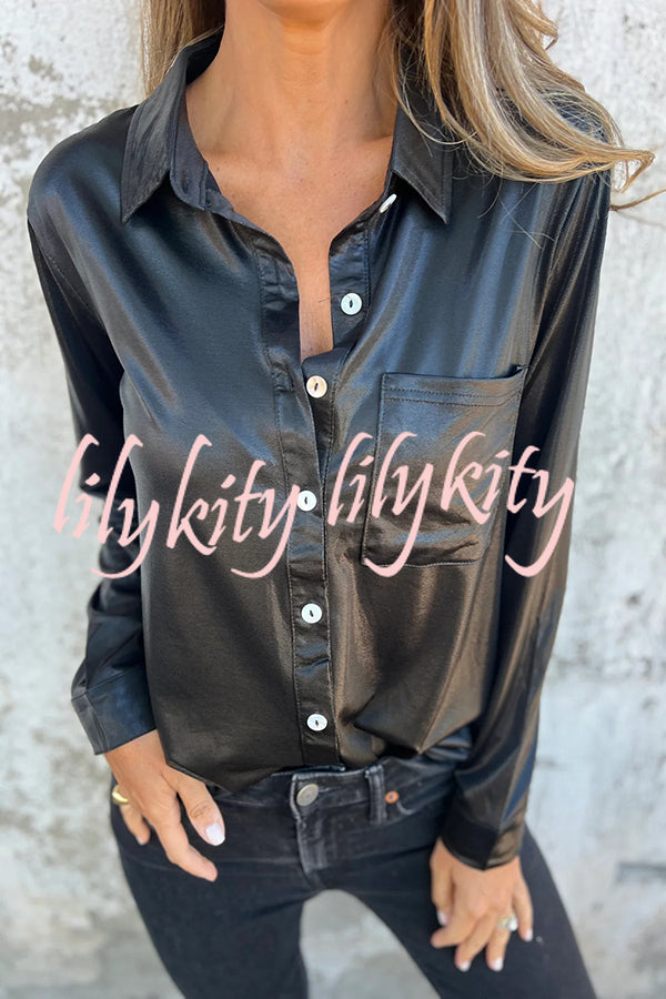 Holiday Look Solid Metallic Loose Pocket Button-down Blouse