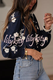 Floral Embroidery Long-Sleeved Button-Up Elegant Shirt