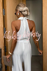 Fashionable Unique Look Halter Shirt Collar Pocketed Wide Leg Jumpsuit