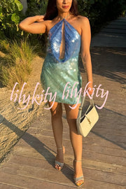 Fashion Sexy Sequined Backless Halter Neck Slim Fit Mini Dress