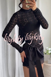 Anna Semi-sheer Lace Long Sleeve Back Bow Tie-up Cutout Stretch Bodysuit