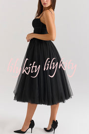 Royal Treatment Tulle Bows Detail Ruched Slip Midi Dress