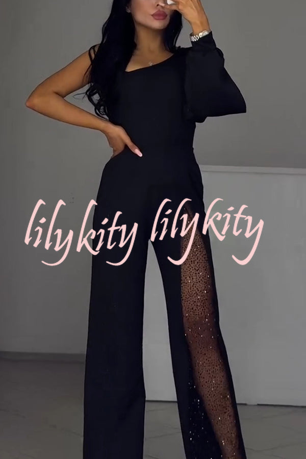 Fashionable Oblique Shoulder One-sleeve Sexy High Slit Slim Jumpsuit