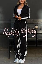 Fashionable Sports Style Striped Long-sleeved Jacket and Elastic Waist Casual Pants Set