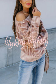 Knitted Striped Round Neck Dolman Sleeve Casual Loose Sweater