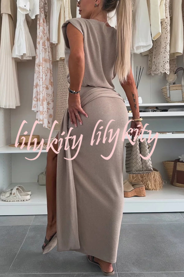 Comfortable Stylish Round Neck Sleeveless Casual Top and Elastic Waist Ruched Tie Slit Midi Skirt Set