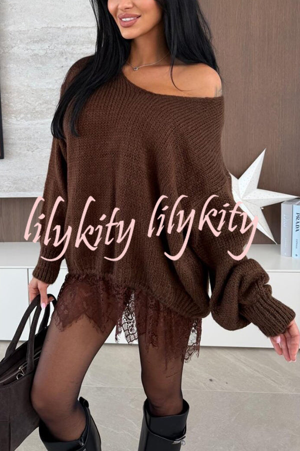 Comfy and Sweet Knit Lace Patchwork Hem Wide Neck Long Sleeve Loose Sweater