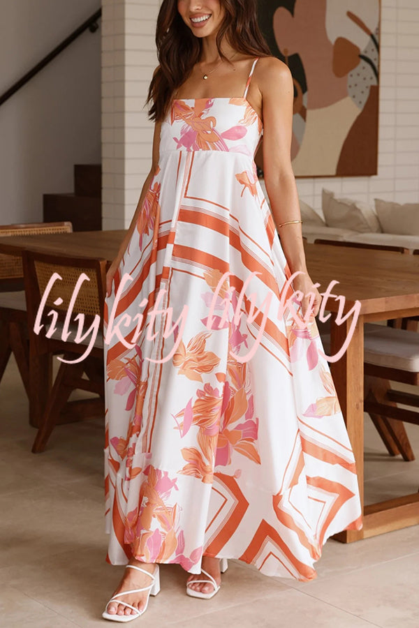 Botanical Print Halter Square Neck Pleated Loose Maxi Dress
