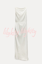 Sculptural Effect Linen Blend Twisted Shoulder Strap Drape Maxi Dress