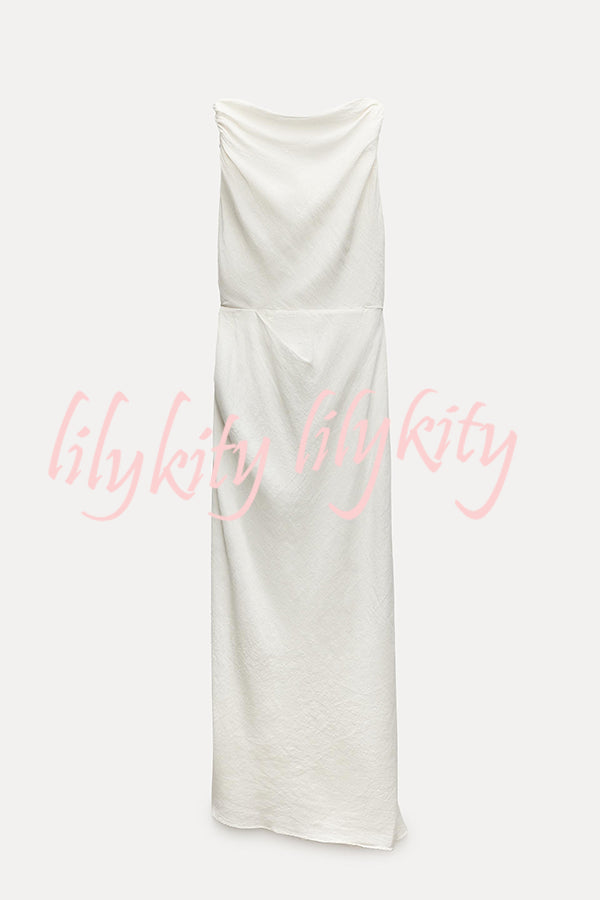 Sculptural Effect Linen Blend Twisted Shoulder Strap Drape Maxi Dress