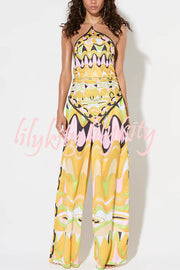 Jodie Unique Print Halter Scarf Tank and Elastic Waist Pocketed Wide Pants Set