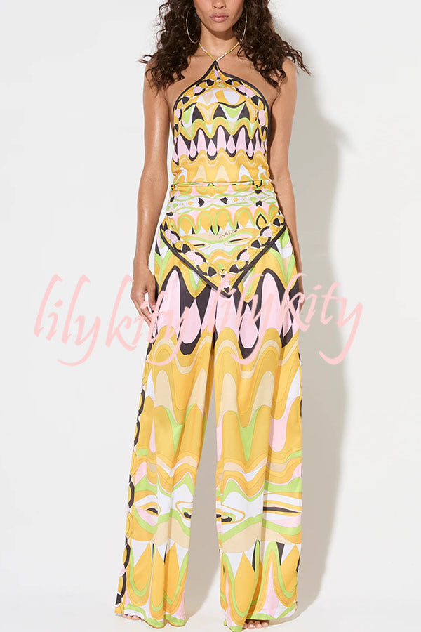 Jodie Unique Print Halter Scarf Tank and Elastic Waist Pocketed Wide Pants Set