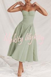 Solid Color Vintage Slim Fit Suspender Pocket Midi Dress