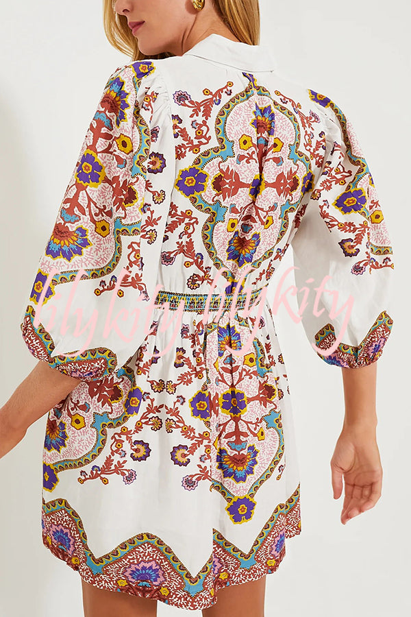 Fun and Vibrant Linen Blend Unique Print Puff Sleeve Pocketed Shirt Mini Dress