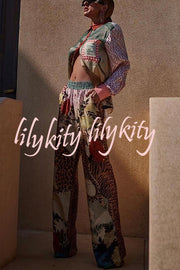 Tropical Jungle Tiger Unique Print Long Sleeve Loose Shirt and Elastic Waist Pants Set