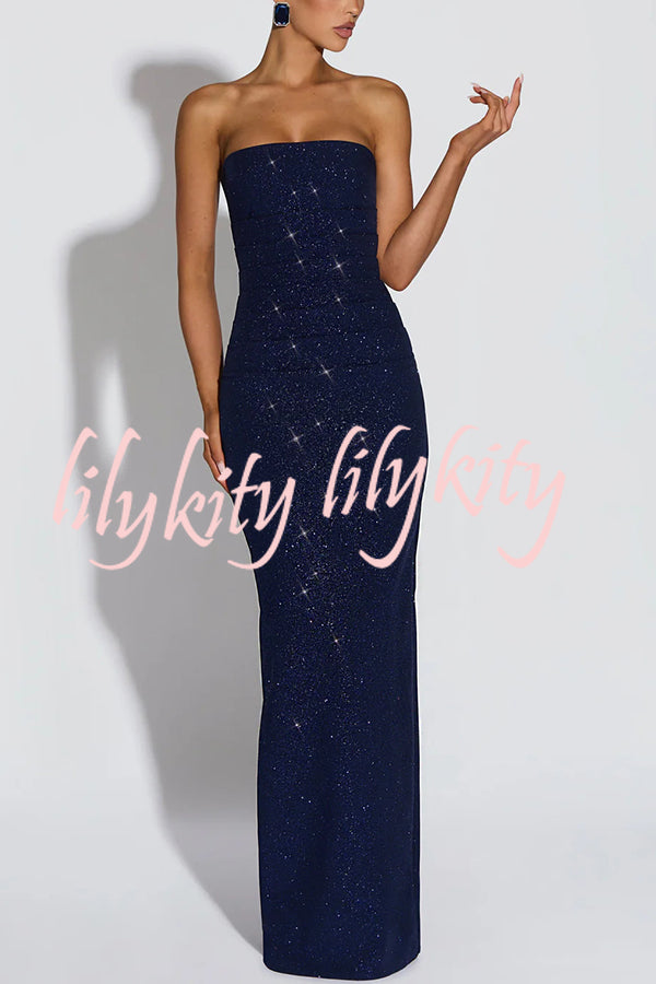 Pandra Glittery Crepe Fabric Off Shoulder Ruched Slit Cape Maxi Dress