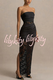 Dulcie Lace and Satin Patchwork Asymmetrical Pleats Bandeau Maxi Dress
