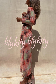 Charm Lady Mesh Overlay Tie Dye Print Long Sleeve Ruched Stretch Midi Dress