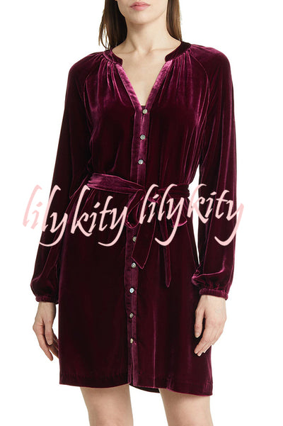 Solid Color Velvet Long-sleeved V-neck Lace-up Mini Dress