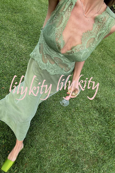 Wonderful Fusion Satin Lace Trim See-through Waist V-neck Drape Maxi Dress