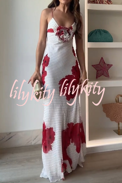 Vanna Poka Dot Floral Print 3D Flower Detail Slip Maxi Dress