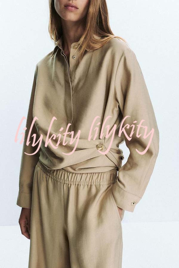 Juliette Cross-front Button Up Long Sleeve Shirt and Elastic Waist Pocket Loose Pants Set
