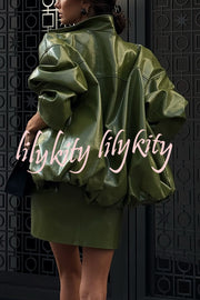 Solid Color Loose Long Sleeve Pocket Casual Leather Jacket