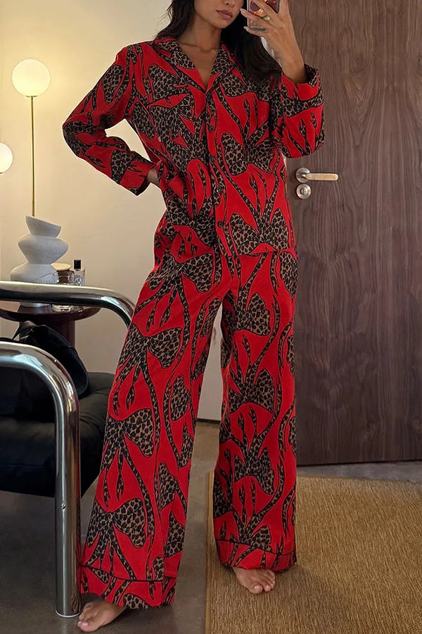 Stylish Colorblock Leopard Print Loose Shirt and Elastic Waist Pocketed Pajama Set