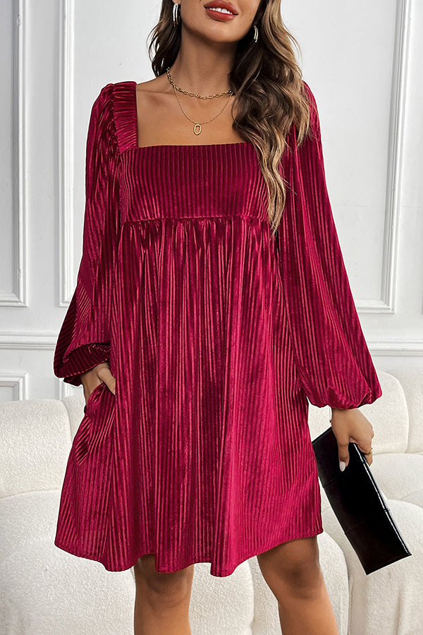 Solid Color Velvet Square Neck Long Sleeve Pocket Casual Mini Dress