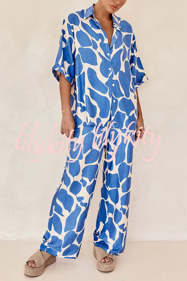 Lazy Beach Days Unique Print Short Sleeve Loose Shirt and Elastic Waist Pants Set