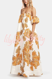 Floral Print Suspenders Puff Sleeves Loose Pocket Holiday Maxi Dress