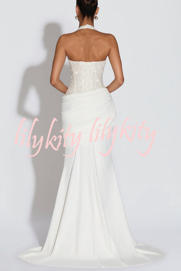 Exclusive Declaration Sequin Halter Neck Back Lace-up Ruched Hem Maxi Dress