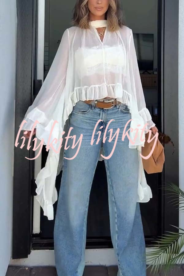 Flowy See-through Ruffle Tie-up Neck Bell Sleeve High-low Hem Cape Shirt