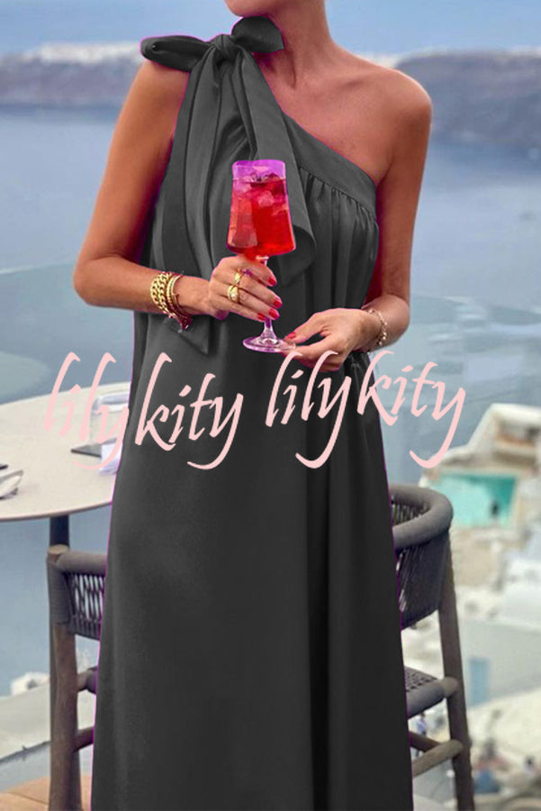 Beach Party Satin One Shoulder Bow Detail Loose Maxi Dress