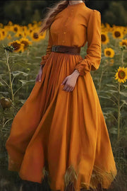 Solid Color Casual Long-sleeved Belted Maxi Dress