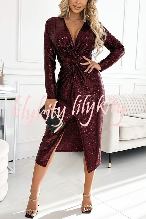 Coralia Sequin V-neck Long Sleeve Twist Waist Front Slit Midi Dress