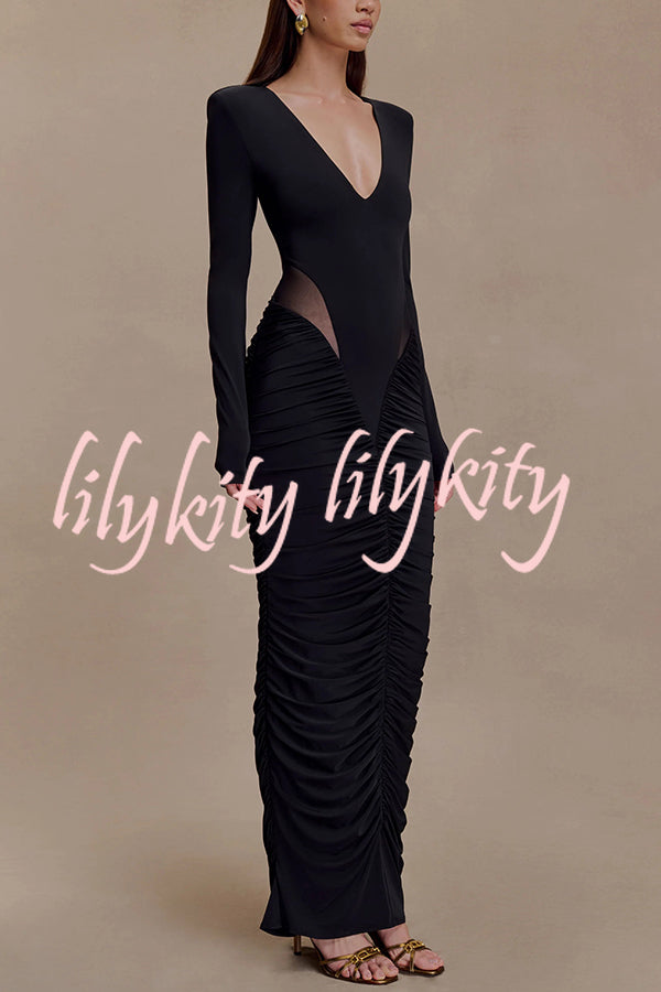 Sexy See-through Long-sleeved V-neck Pleated Slim-fit Maxi Dress