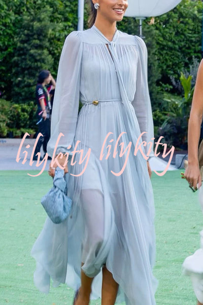 Elegant and Graceful Tie-up Neck Long Balloon Sleeve Handkerchief Midi Dress