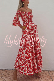 Close To The Vacation Floral Print Smocked Off Shoulder Pocketed Maxi Dress