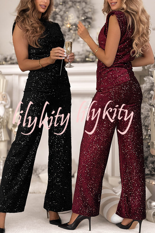 Stylish Sparkly Velvet Sequin Sleeveless Pleated Top and Casual Wide-leg Pants Set