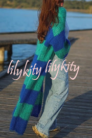Fashionable Contrast Stripes Lazy Style Loose Long Knitted Cardigan