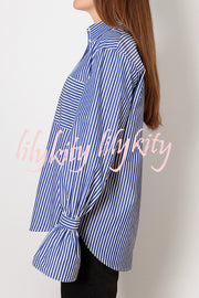 Striped Print Ruffled Long Sleeve Pockets Loose Shirt