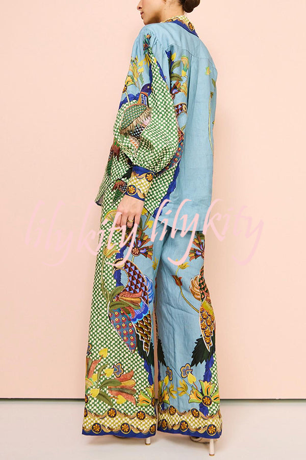 Sun Seeking Unique Heaven Bird Print Balloon Sleeve Button Loose Shirt