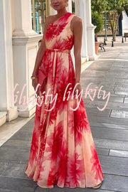 Floral Print One Shoulder Waist Tie Full Hem Resort Style Maxi Dress