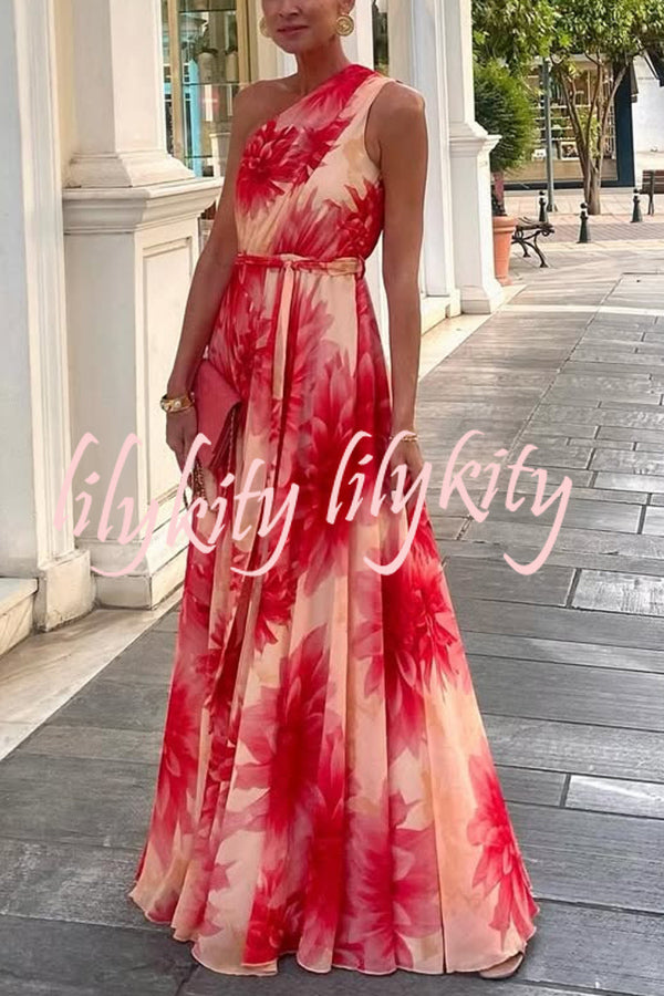 Floral Print One Shoulder Waist Tie Full Hem Resort Style Maxi Dress