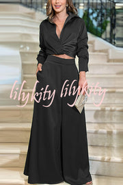 Satin Solid Color Lapel Long Sleeve Blouse and Loose-fitting Pocket Wide Leg Pants Set