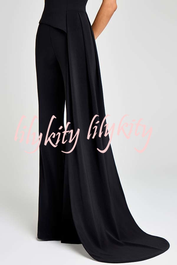 Pippa High Neck Short Sleeve Irregular Drape Hem Top and Elastic Waist Flare Pants Set
