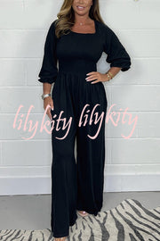 Casual and Comfortable Smocked Solid Color Wide Leg Jumpsuit