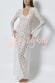 Santorini Sunset Floral Lace Long Sleeve Slit Vacation Maxi Dress