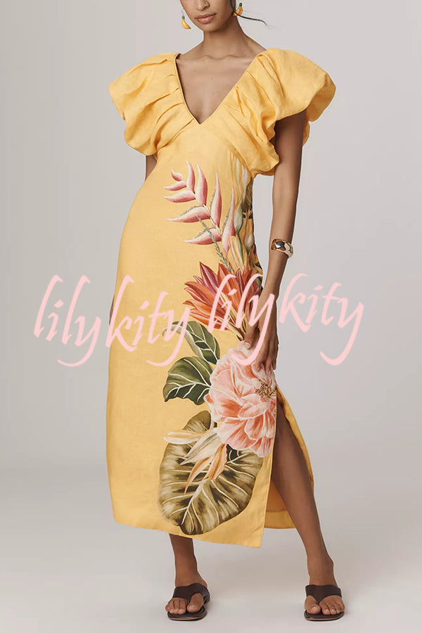 Plant Print V-neck Open Back Holiday Style Slit Midi Dress